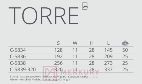C-5839 Uchwyt meblowy TORRE, G2 chrom połysk, NOMET, sklep internetowy MERKURY Akcesoria Meblowe Mariusz Adamczyk