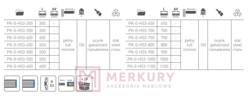 05.GTV.PK.PK-0-H53-700 prowadnica kulkowa h53 100 kg duża szuflada