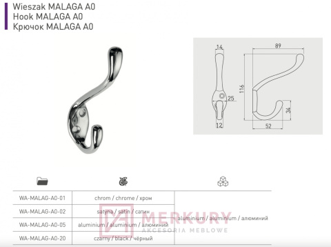 MALAGA A0 Wieszak meblowy, chrom połysk, GTV, sklep internetowy MERKURY Akcesoria Meblowe Mariusz Adamczyk